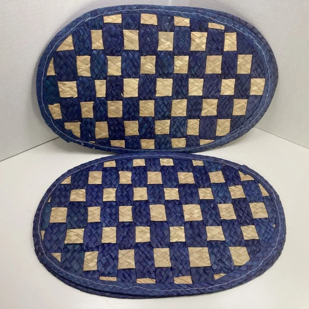 Vtg‎ Set of 5 Checkered Woven Rattan Placemats Navy and Brown